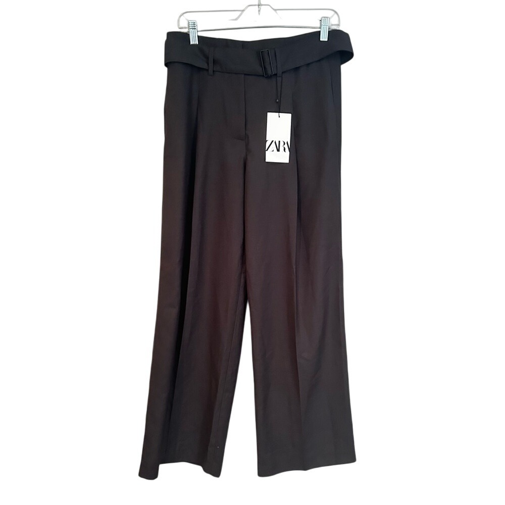 ZARA Wool High-Rise Wide Leg Belted Dress Pants Womens Small Charcoal Career NWT